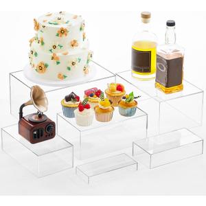 Leinuosen 6 Pcs Acrylic Buffet Risers Stands for Food Display Cubes Box, 7 to 12 Inch Rectangle Catering Table Dessert Decor for Wedding Brunch Setup Party Jewelry Collectibles, Hollow Bottom (Clear)