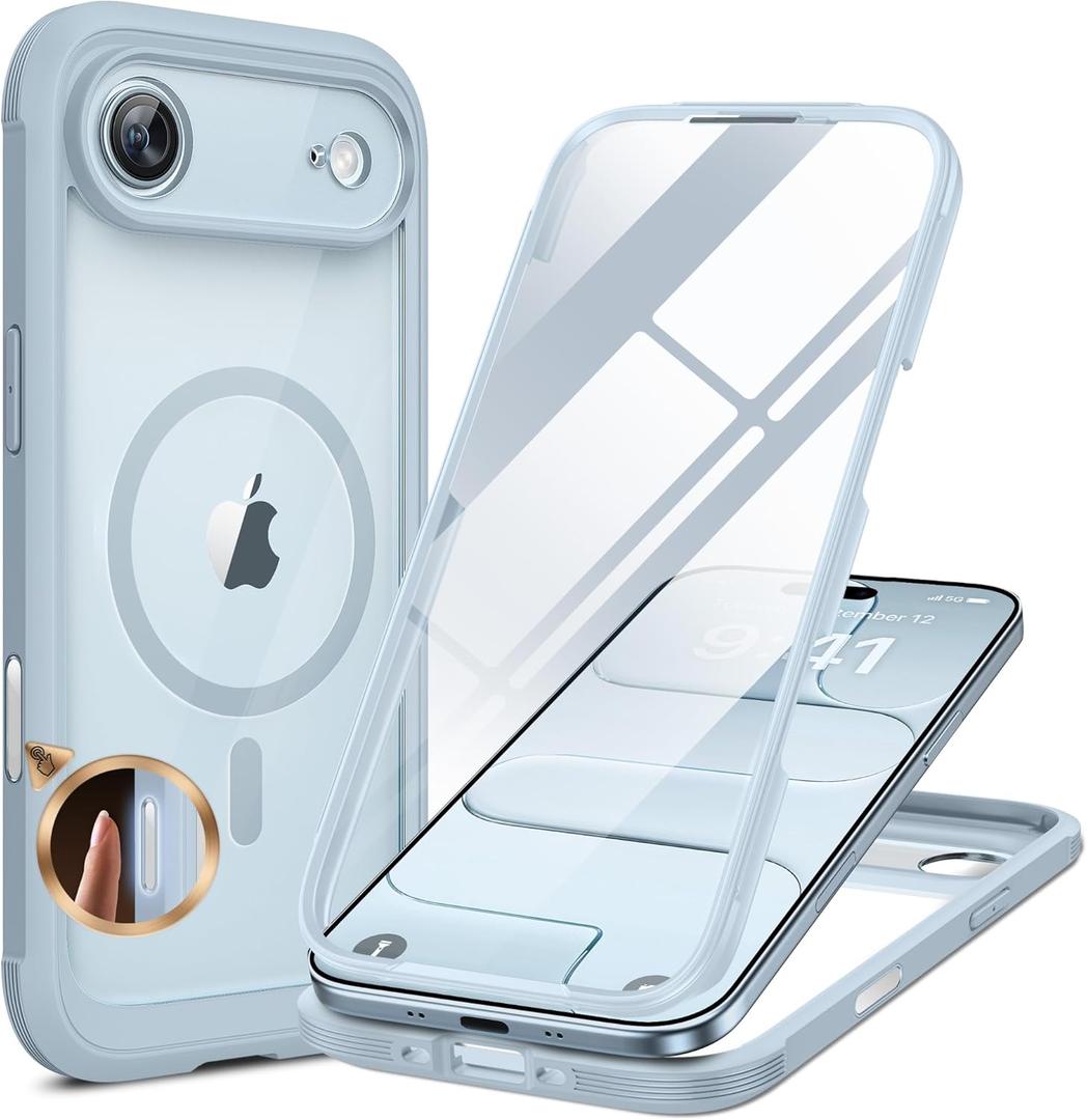 Miracase Magnetic for iPhone Air Case 6.5" [Compatible with MagSafe] Full-Body Phone Case with Built-in Glass Screen Protector & Camera Control,Drop Proof iPhone 17 Air Case Cover, Light Blue