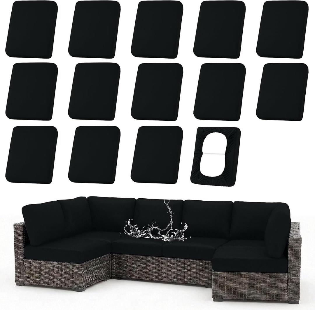 hyha Waterproof Outdoor Cushion Covers for Patio Furniture, Stretch Patio Chair Cushion Slipcovers, Coated UV Resistant Replacement Seat Covers, Solid Color (Black, 14PC)
