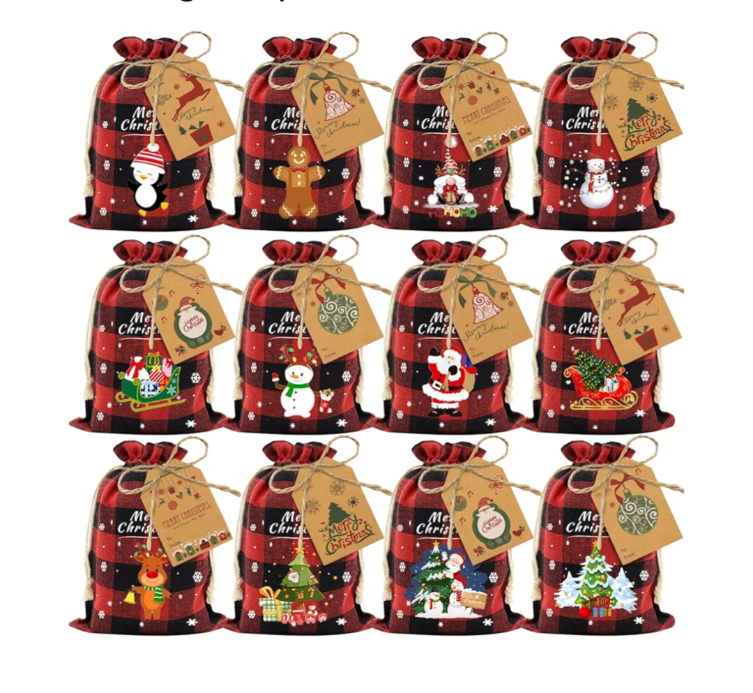 Aviski 36PCS Cotton Medium Christmas Drawstring Candy Treat Bags Buffalo Plaid Xmas Xmas Christmas Fabric Goody Gift Sacks Reusable Gift Wrapping Bags Holiday Party Favors - Red/Black