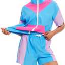 UOUA Women's 80s Color Block Outfits 2 Piece Tracksuit 90s Party Costume Summer Zip Up Windbreaker & Short Sets (XL)