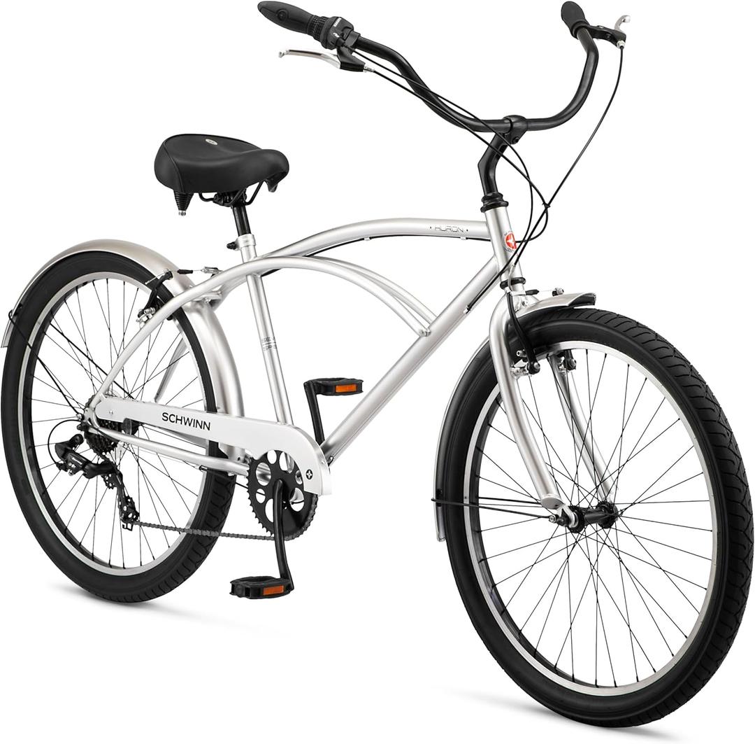 Schwinn Cruiser Bike, 26 Inch Bike for Women and Men, Beach Cruiser Bicycle, Linear Pull Brakes, Comfortable Padded Seat, Upright Riding Position, Adult Bicycle (18-Inch Frame, Silver)