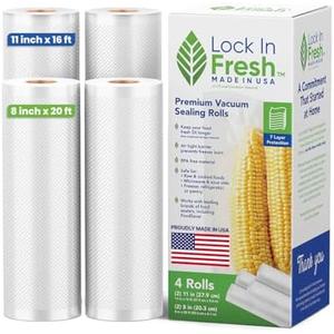 Lock In Fresh Vacuum Sealer Bags for Food Combo Pack, 2 Rolls 11" x 16' + 2 Rolls 8" x 20' - Heavy Duty Food Saver Vacuum Sealer Bag Rolls - Sous Vide, Seal a Meal Bags - Made in the US