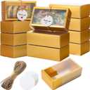 Roowest 50 Sets Kraft Gift Boxes Rectangle Kraft Paper Drawer Box with Window Homemade Soap Box with Blank Tags and Jute String for Jewelry Candy Wrapping Party Favor(Gold, 6.3 x 3.5 x 2 Inch)