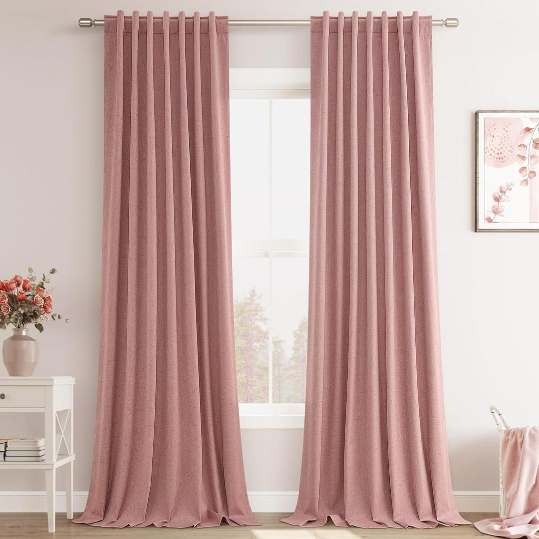 Joywell Linen Pink Full Blackout Curtains 108 Inch Long 2 Panels Set for Bedroom Living Room,Back Tab Rod Pocket Room Darkening Thermal Insulated Black Out Window Drapes,52x108 Inches