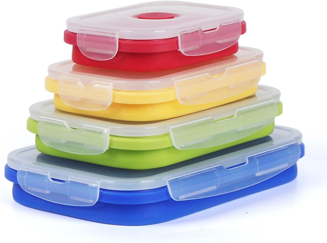 4 Collapsible Silicone Food Storage Containers,Kitchen Stackable Leftover Bento Lunch Meal Box with Plastic Airtight Lids, Leak-proof Camping Food StorageMicrowave Dishwasher Freezer Safe