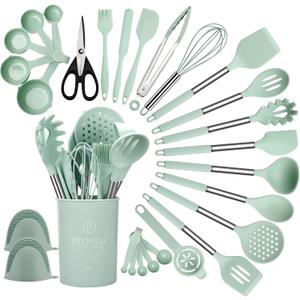 QMVESS Silicone Cooking Utensils Set, 28 Pcs Non-Stick Kitchen Utensils Set with Holder, 446F Heat Resistant Spatula, Tongs, Spoons Set with Stainless Steel Handle Kitchen Gadgets (Light Green)