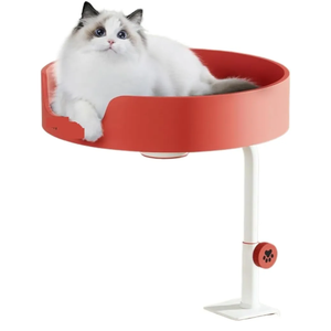 Clioran Cat Desk Bed Large Perch Nest with Teaser Easy Install, Space Saving Mount Design, Sturdy Frame, Removable Cushion, Clamp Desktop Attachment Hammock for Home Office, Side Table(White and Red)