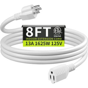 16/3 White Extension Cord 8 FT, Indoor Extension Cord for Laptops, Coffee Makers, Office Home Appliances, 3 Prong Resistant Cable Flexible, 13A 125V 1625W ETL Listed