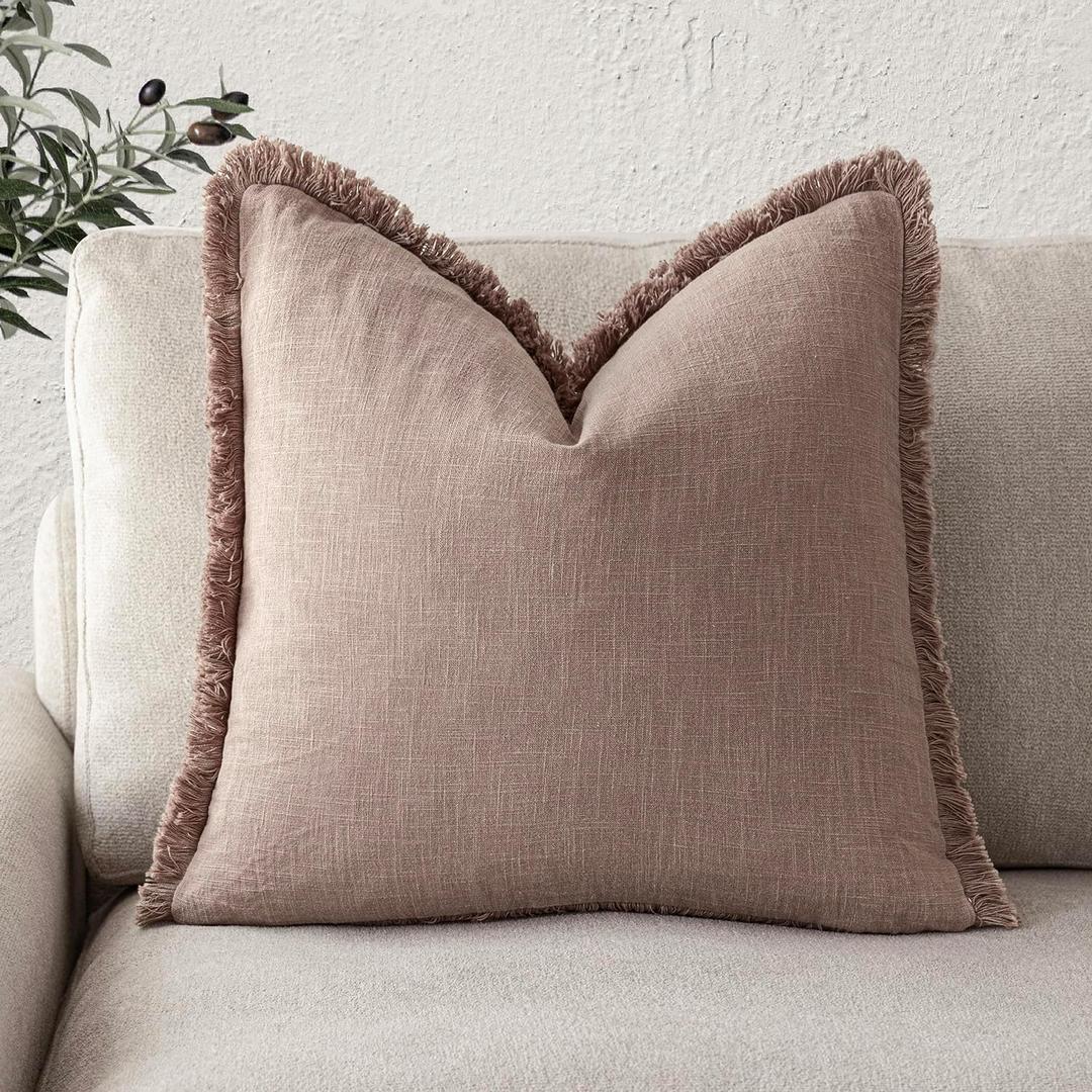 Foindtower Decorative Linen Fringe Throw Pillow Covers Cozy Boho Farmhouse Cushion Cover with Tassels Soft Accent Pillowcase for Chair Sofa Bed Living Room Home Decor, 2626 Inch,1PC,Dusty Pink