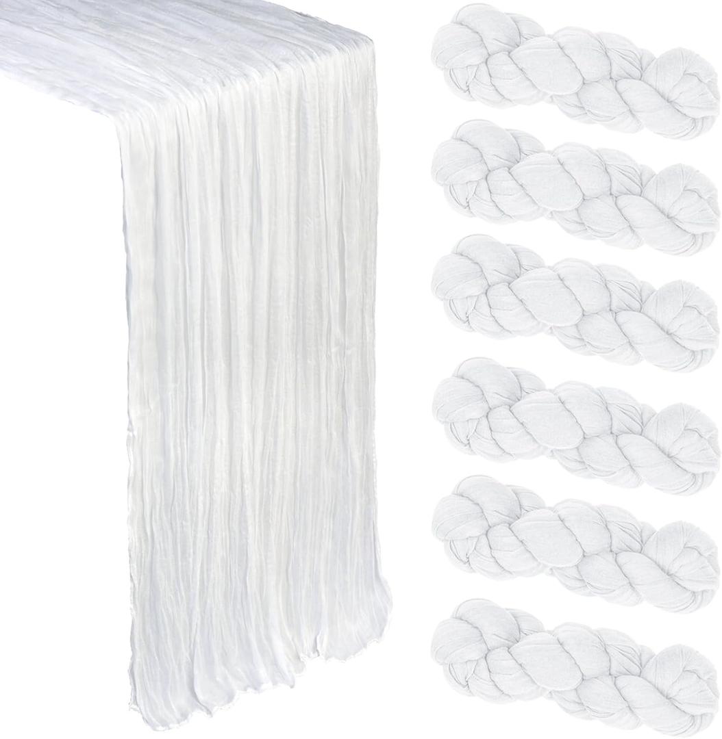 6 Pack White Cheesecloth Table Runner 10Ft Spring Gauze Cheese Cloth Table Runner 35x120 Inch Boho Sheer Rustic Fabric for Party Decor Baby Shower Wedding Holiday Decorations