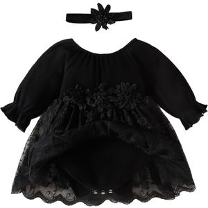 Baby Girl Romper Dress Ribbed Newborn Lace Boho Tutu Dresses Headband Baptism Photography Wedding Summer Outfit , 12-18 Months, Black Long Sleeve)