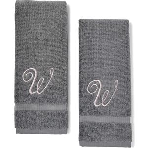 Juvale 2 Pack Letter W Monogrammed Hand Towels, Gray Cotton Hand Towels with Silver Embroidered Initial W for Wedding Gift, Bridal Shower, Baby Shower, Anniversary (16 x 30 Inches)