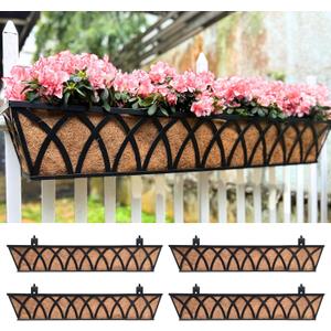 LaLaGreen Railing Planter Box (36 Inch, 4 Pack) Black Metal Rectangular Window Boxes for Outdoor Plants, Large Wall Hanging Planters with Coco Liner Modern Bracket Garden Rail Fence Patio Porch Decor