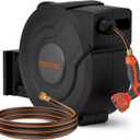 NEOTEC Retractable Garden Hose Reel 1/2 inch x 130ft - Wall Mounted Heavy Duty Hose Reel with 3/4 Inch Brass Fittings & 9-Pattern Nozzle - Auto Rewind System, Any Length Lock, 180 Swivel Bracket