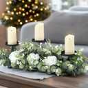 Zonon 21.6" Wedding Candle Centerpiece with Eucalyptus Leaves and Roses 3 Wedding Pillar Candle Holder Tabletop Decoration for Home Table Party Decoration (Eucalyptus and Roses)