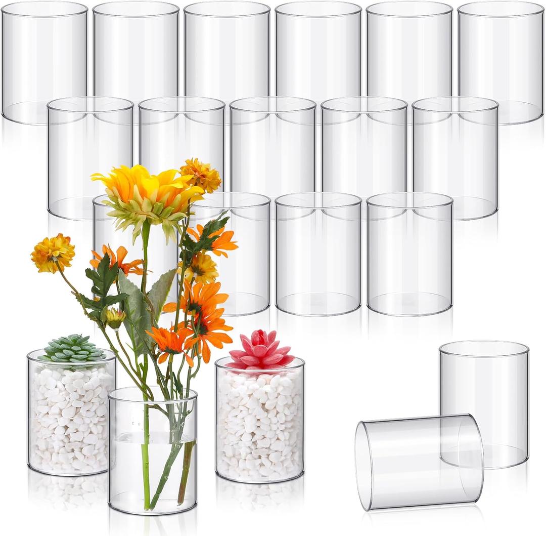 Vesici 20 Pcs Plastic Cylinder Vase Acrylic Cylinder Vase Bulk Small Clear Flower Container Hurricane Candle Holder Round Wide Container Centerpiece for Home Office Wedding Decorations (4 Inch)