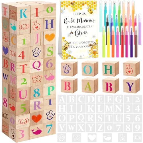 Wonderjune 147 Pcs Baby Shower Blocks Games Sets, 80 DIY Blank Wooden Block 42 Stencils 24 Watercolor Marker 1 Decorate a Block Game Sign for Gender Reveal Baby Shower Party Supplies(Honeybee)
