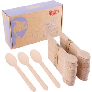 Gmark 100 ct Wooden Spoons, 6.5" Length, No Plastic Earth-Friendly, Disposable Biodegradable Wooden Cutlery, Green Product (Bag of 100pcs) GM1045
