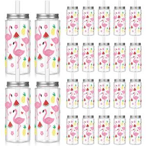 Baderke 24 Pcs Hawaiian Plastic Cups with Lids and Straws 13.5 oz Tropical Luau Clear Drinking Cup for Whiskey Soda Tea Juice Smoothies Coffee Milk Beach Birthday Party Supplies (Flamingo)