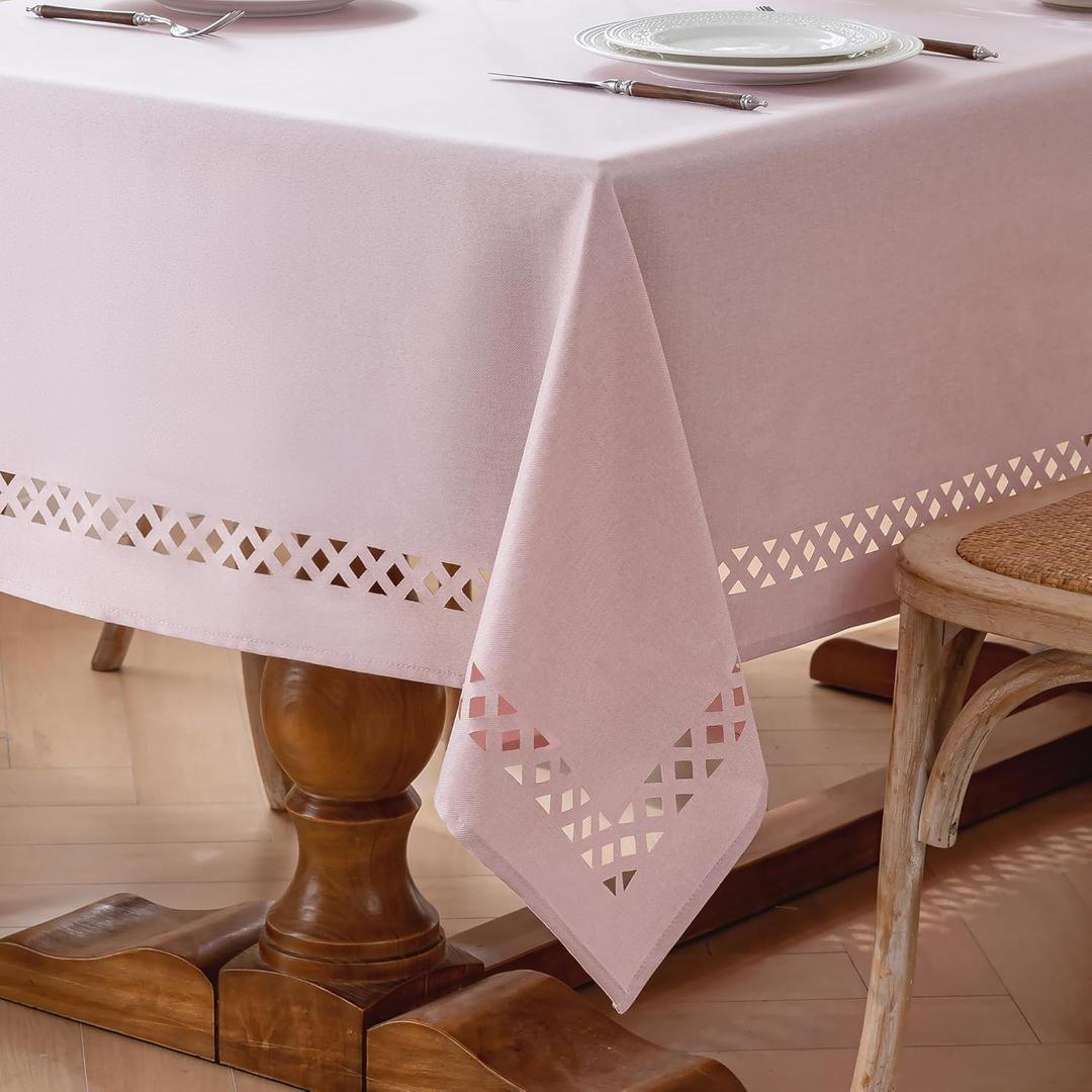 JIALE Pink Square Linen Polyester Tablecloth with Decorative Cutouts, Waterproof Table Cloth Wrinkle Free Light Pink Valentines Farmhouse Dining Table Cover for Outdoor Party Camping, 60 x 60 inch