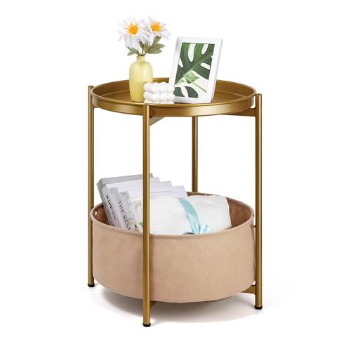Round Side Table, Gold End Table with Storage Basket, Metal Night Stand with Removable Tray, Small Bedside Table for Living Room, Bedroom, Nursery (Gold)