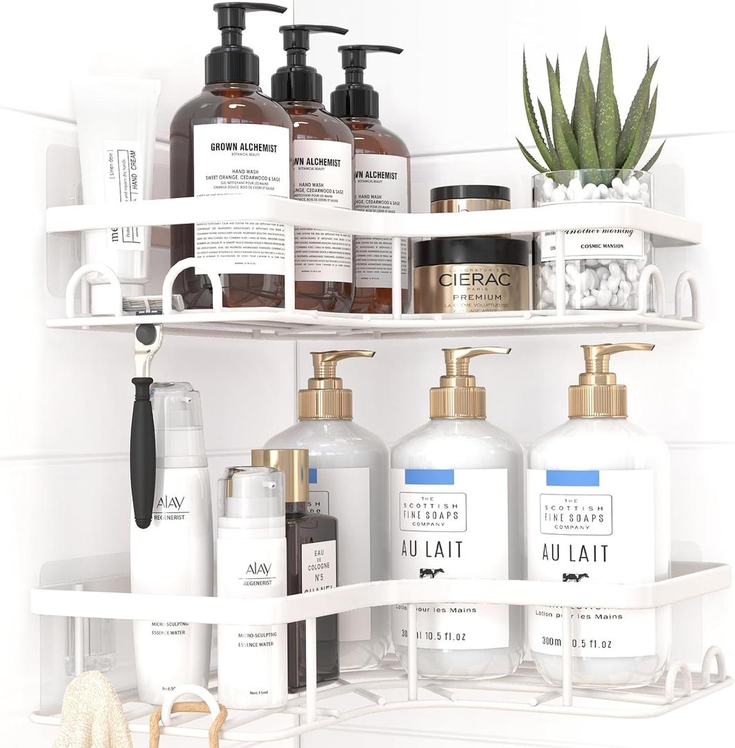 Sakugi Corner Shower Caddy - 2 Pack, Adhesive Shower Organizers, Rustproof Stainless Steel Shower Shelves with 8 Hooks, No Drilling Bathroom Organizers and Storage Racks, Space-Saving, White, Medium