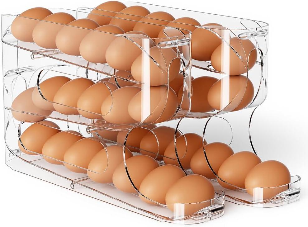 Sotfamily Clear Egg Holder for Fridge, Auto Rolling Egg Dispenser for Eggs 36 Count, FIFO Design, Space-Saving Egg Roller, Organizer, Container, Storage for Refrigerator & Kitchen Countertop(2 Packs)