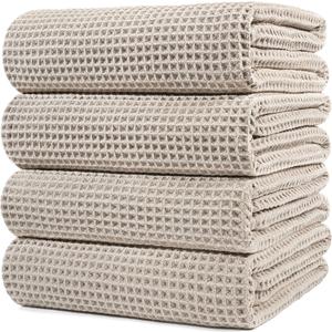 POLYTE Microfiber Oversize Quick Dry Lint Free Bath Towel, 60 x 30 in, 4 Pack (Beige, Waffle Weave)