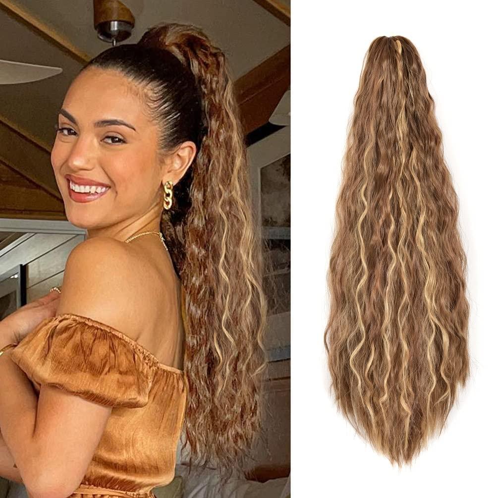 YEAME Wavy Ponytail Extension Claw Clip, 22 Inch Corn Wave Pony Tail Synthetic Brown Mixed Blonde Hair, Long Curly Jaw Ponytail Hair Extension for Women Girls (Brown Mixed Blonde)