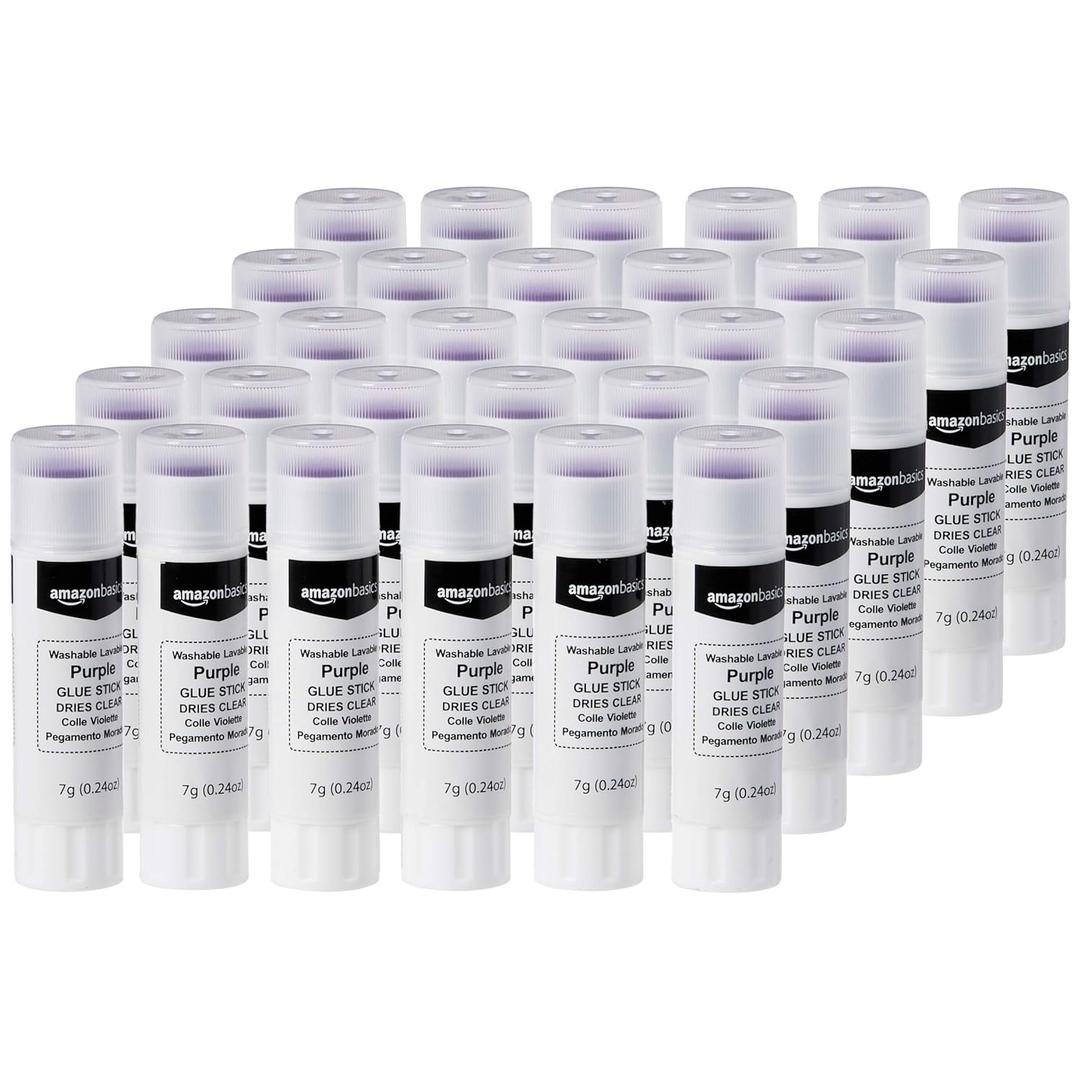 Amazon Basics Purple Washable School Glue Sticks for Classroom Supplies and Crafting, Dries Clear, 0.24-oz Stick, 30-Pack