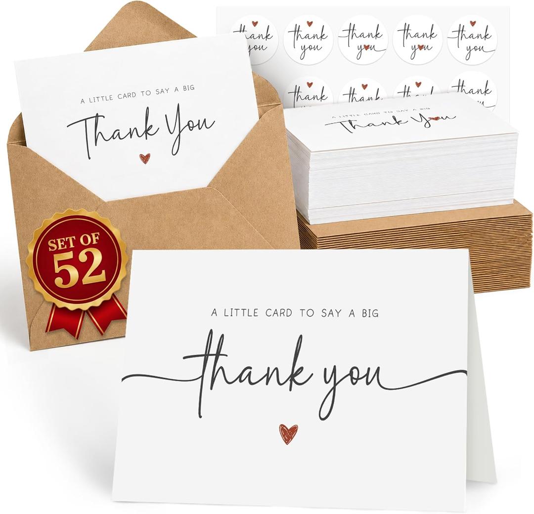UnimaxPrint 52 Thank You Cards with Envelopes & Stickers (4 Designs), Minimalist 3x5 Thank You Notes for Teacher Appreciation, Weddings, Baby Showers & Small Business