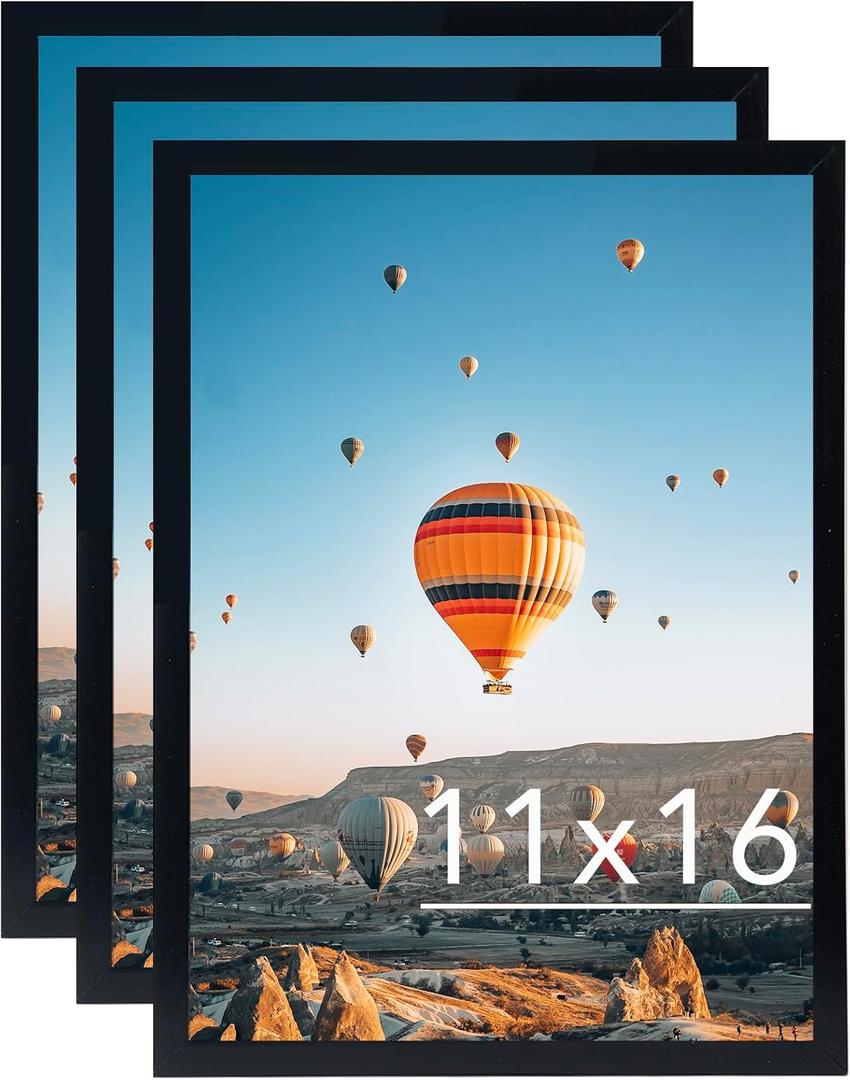11x16 Black Picture Frame Set of 3, Horizontal and Vertical Formats for Wall Hanging, 11 x 16 Wall Gallery Poster Photo Frames with Durable Shatter Resistant Plexiglass, 3 Pack, Black