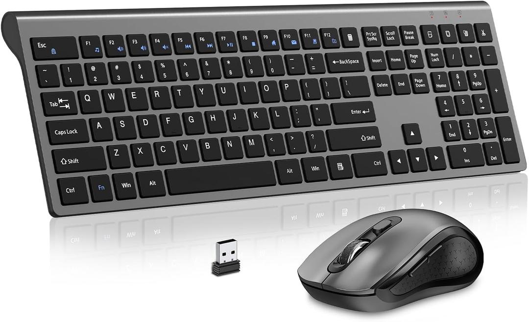Keyboard and Mouse Wireless, Slim Full Size Keyboard with Calculator Button, Fn Lock, Silent Computer Mouse with Side Button, 2400 DPI, 2.4G USB Cordless Set for Laptop PC Windows Mac -Gray (KM468-Grey)