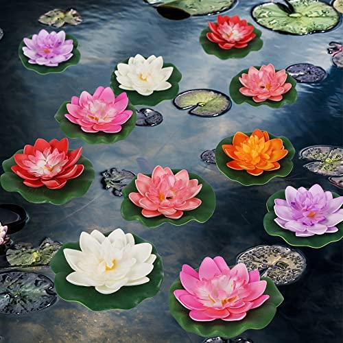 Happy Trees 24 Pcs Artificial Floating Foam Lotus Flower with Water Lily Pad, Lifelike Ornanment Home Garden Pond Decor Indian Decorations Return Gifts