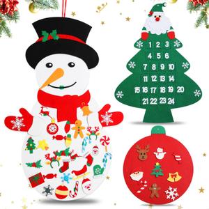 Yookeer 3 Pack DIY Felt Christmas Snowman Set Santa Advent Calendar Xmas Tree Felt with Detachable Ornament Craft Door Wall Hanging Decoration Xmas Gift for Winter Holiday Party(Vivid)