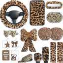 19 Pcs Fluffy Car Accessories Set,Fluffy Plush Leopard Print Steering Wheel Covers,Plush Head Pillow,Pillowcase,Eyeglasses Clip,Car Accessories for Women. (Brown)
