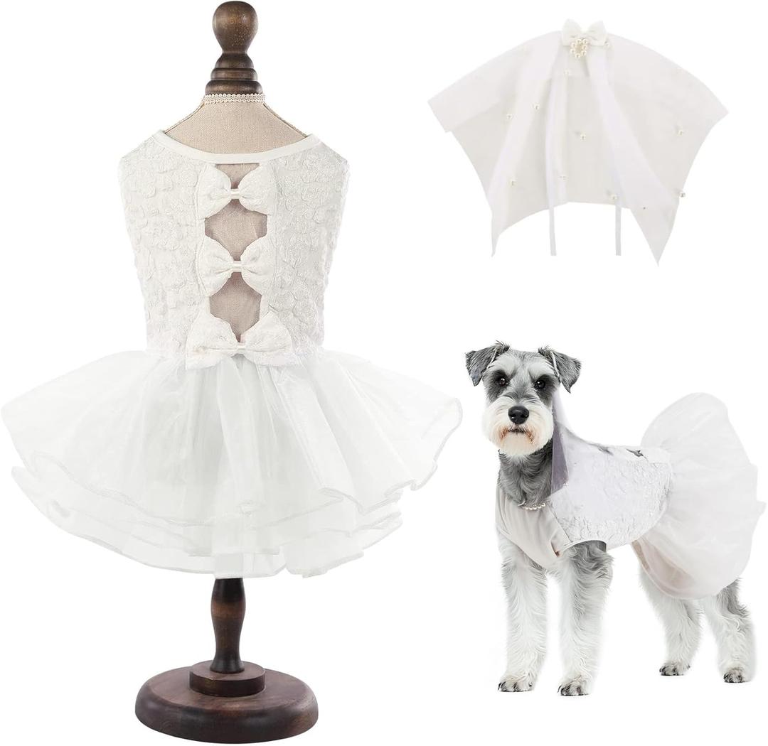 ASENKU Dog Dress, Dog Wedding Dress, Pet Lace Princess Dress with Bows for Wedding Birthday Party, Puppy Formal Apparel with Pearl Necklace for Large Dogs (White, X-Large)