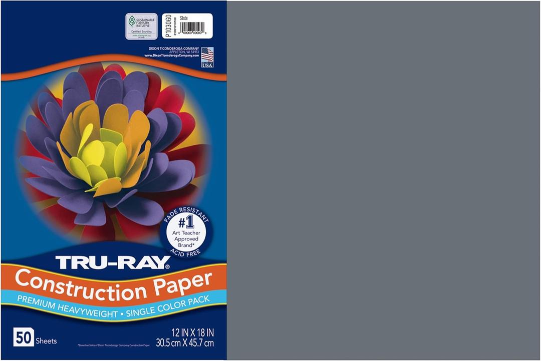 Tru-Ray Construction Paper, 50% Recycled, 12" x 18", Slate, Pack Of 50