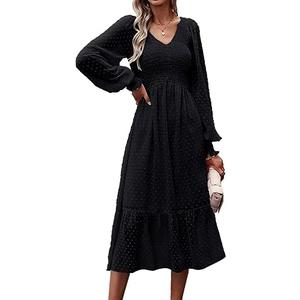 PRETTYGARDEN Women's Fall Dresses 2025 Long Sleeve V Neck Swiss Dot Empire Waist Chiffon Dress Ruffle Smocked Midi Dresses, Size XXL