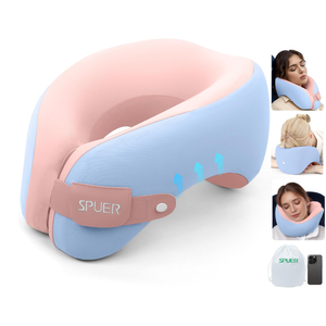 SPUER 2in1 Ergonomic Memory Foam Travel Neck Pillow – Upgrade Travel Pillow for All Sleep Positions on Flights, Road Trips, and Long Distance Travel with Drawstring Bag (Adjustable  Blue and Pink)