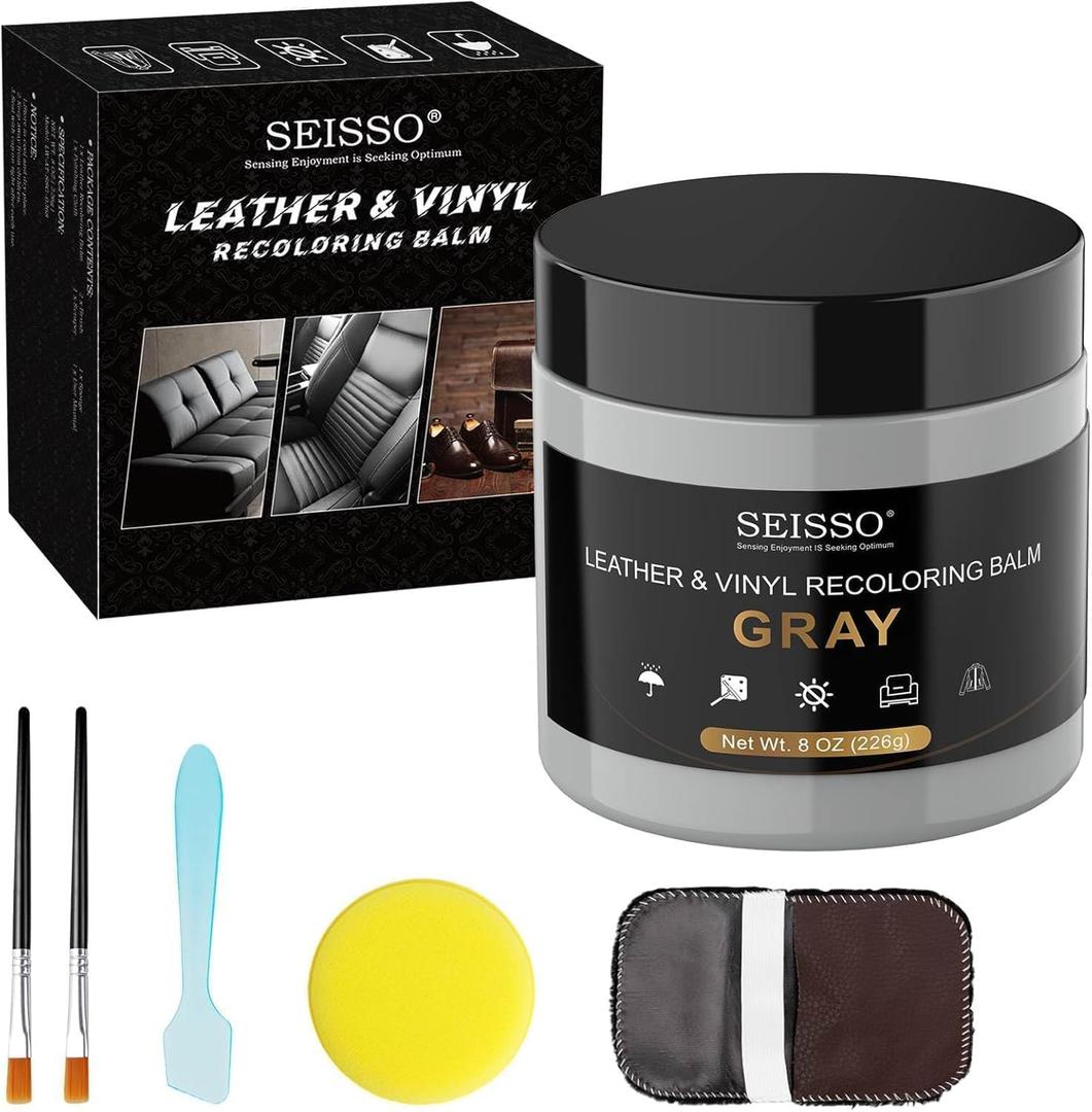 SEISSO Leather Recoloring Balm, Leather Repair Kit for Furniture, Leather Scratch Remover, Leather Color Restorer for Couch, Leather Dye Paint for Faded,Cracked and Damaged Leather(Grey)