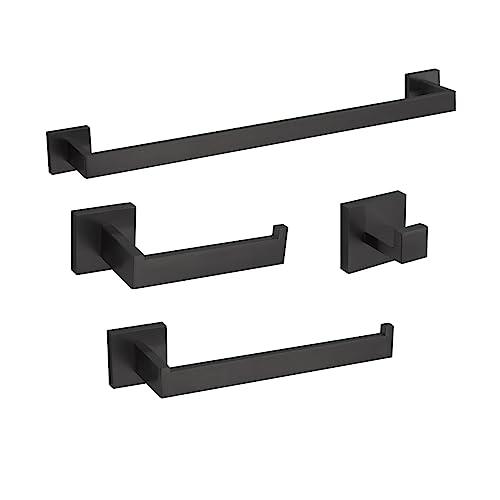 4-Piece Bathroom Hardware Set, Towel Rack Towel Bar Towel Holder Toilet Paper Holder Matte Black Towel Hooks Modern Square Stainless Steel Wall Mounted Bathroom Accessories Set (16inch)