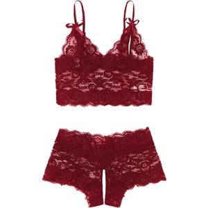 SweatyRocks Women's 2 Piece Lingerie Set Sheer Lace Cut Out Bra and Panty Teddy Lingerie (Large, Burgundy)
