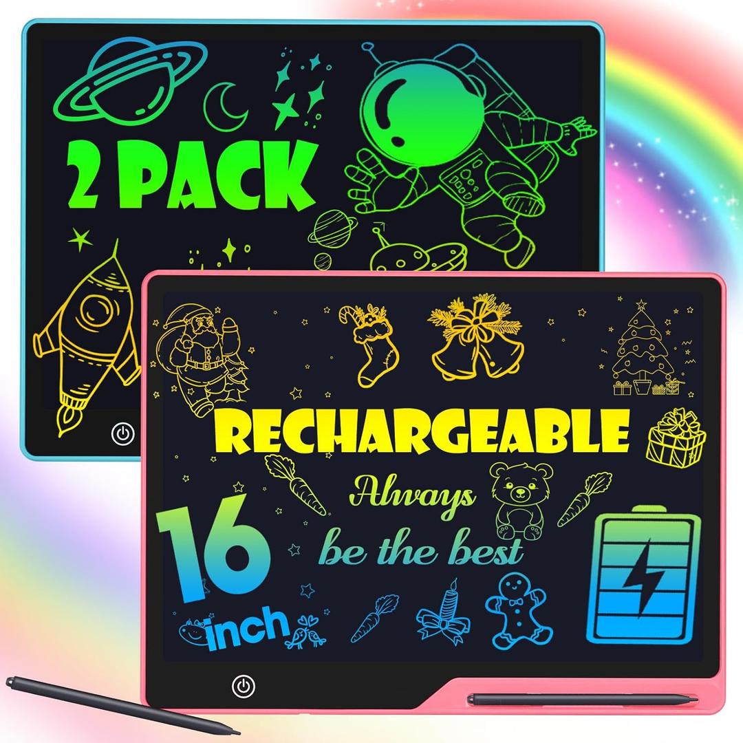 POPERFUN 2 Pack LCD Writing Tablet for Kids, 16 Inch Rechargeable Erasable Doodle Board Colorful Toddler Drawing Tablet, Preschool Learning Toys Christmas Birthday Gift 3-7 Year Old Girls(Pink/ Blue)