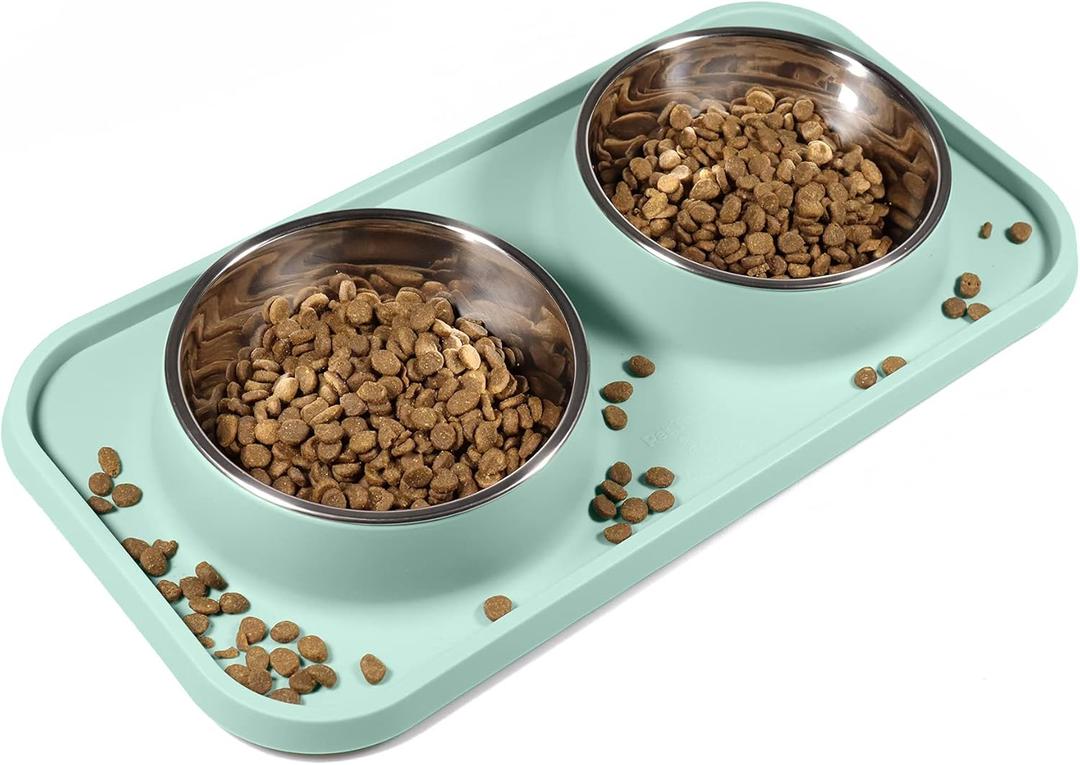 Cat Food Bowls, Cat Bowls Non-Skid and Non-Spill Silicone Pads with PP Stand, Removable Stainless Steel Food and Water Dishes for Cats, Small Size Dogs (Aquamarine)