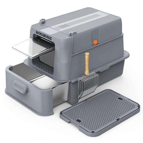 Wooaidagg Covered Stainless Steel Cat Litter Box with Odor Control, Modular Design with Drawer, Easy to Clean with Scoop,XL Size Fits All Cats (Dark Grey)