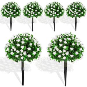 Yunlly Set of 6 Artificial Boxwood Topiary Ball Tree 16 Inch Outdoor Topiary Tree with Flower Fake Bushes, UV Resistance Faux Shrubs Evergreen Plant with Spike for Front Porch Indoor Decor (White)