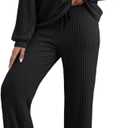 EVALESS Womens Pajama Sets Long Sleeve Sleepwear Matching Drawstring Elastic Pj Pants Ribbed Knit 2 Piece Lounge Set (Medium, Black)