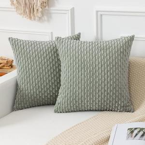 Kevin Textile Throw Pillow Covers Soft Corduroy Decorative Set of 2 Boho Striped Pillow Covers Pillowcases Farmhouse Home Decor for Couch Bed Sofa Living Room 26x26 Inch Greyish Green
